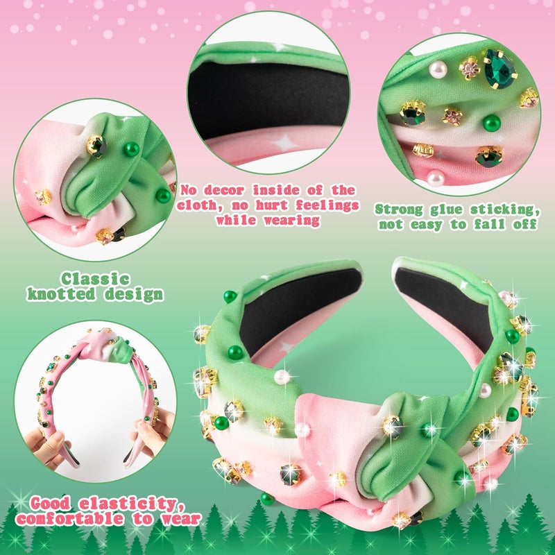 PANTIDE Witch Musical Jeweled Knotted Headband - Witch Musical Fans Gift Pearl Crystal Embellished Headband Wide Top Knot Fashion Pink Hairband Accessories Birthday for Women Girls (Green Rhinestone) - Image 3